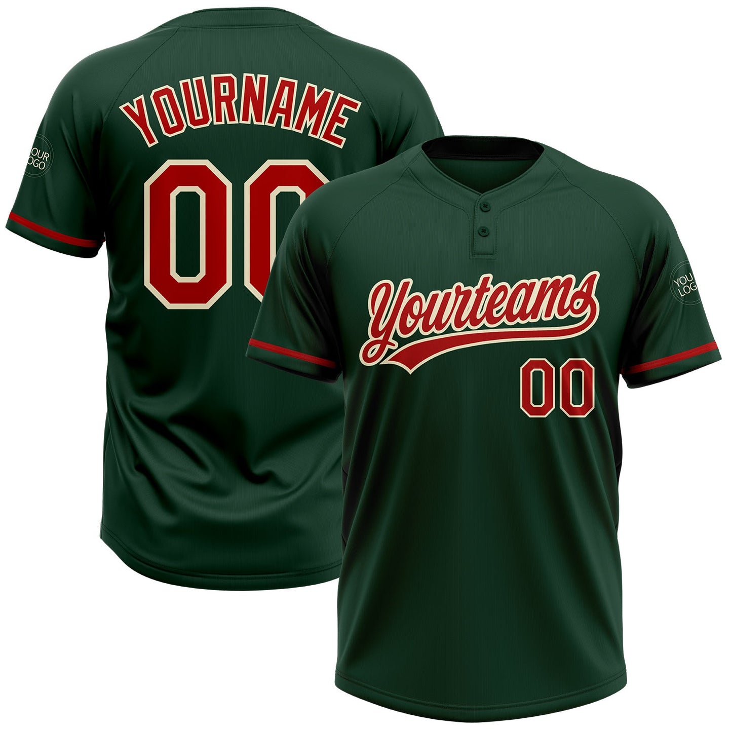 Custom Green Red-Cream Two-Button Unisex Softball Jersey - Main View