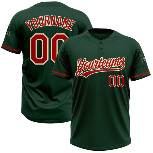 Custom Green Red-Cream Two-Button Unisex Softball Jersey - Main View
