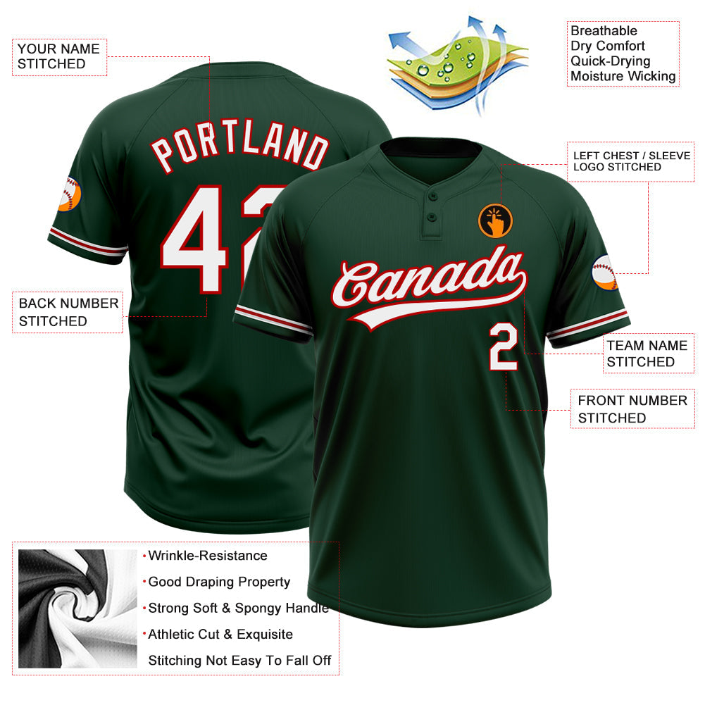 Custom Green White-Red Two-Button Unisex Softball Jersey view 3
