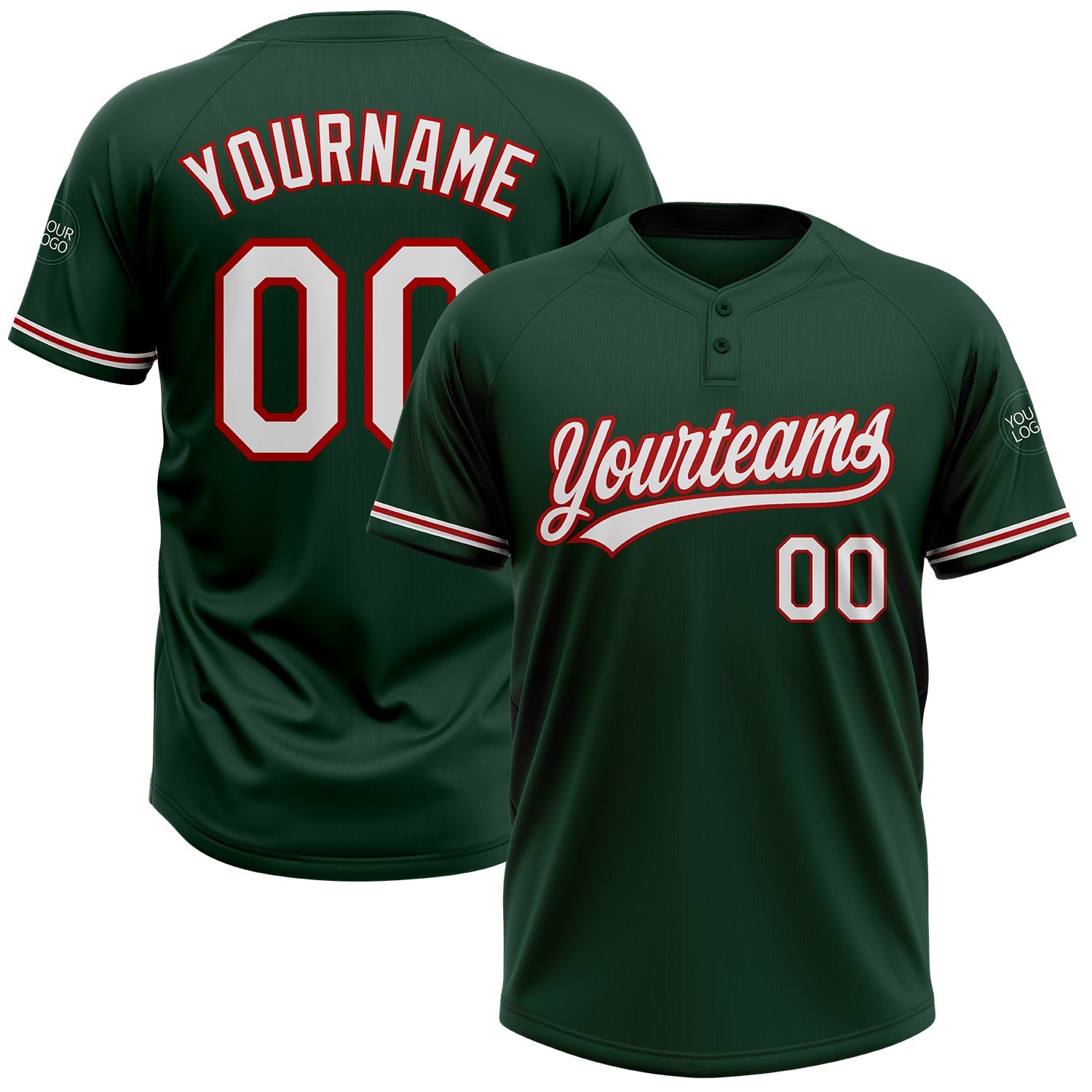 Custom Green White-Red Two-Button Unisex Softball Jersey - Main View