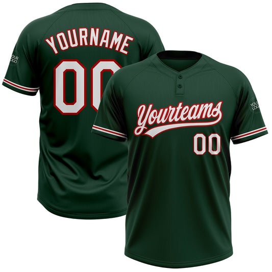 Custom Green White-Red Two-Button Unisex Softball Jersey - Main View