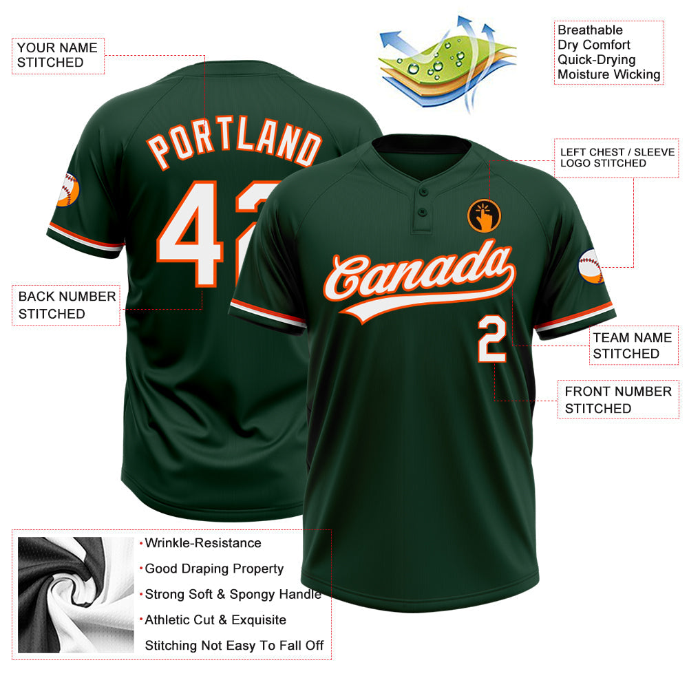 Custom Green White-Orange Two-Button Unisex Softball Jersey view 3