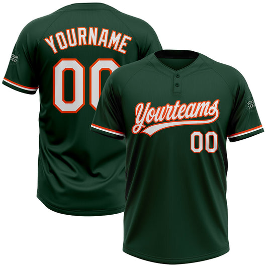 Custom Green White-Orange Two-Button Unisex Softball Jersey - Main View