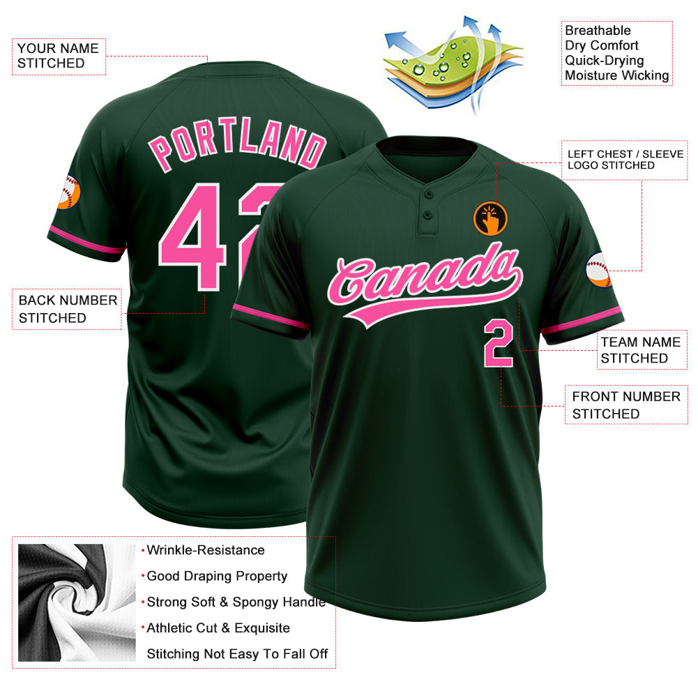 Custom Green Pink-White Two-Button Unisex Softball Jersey view 3