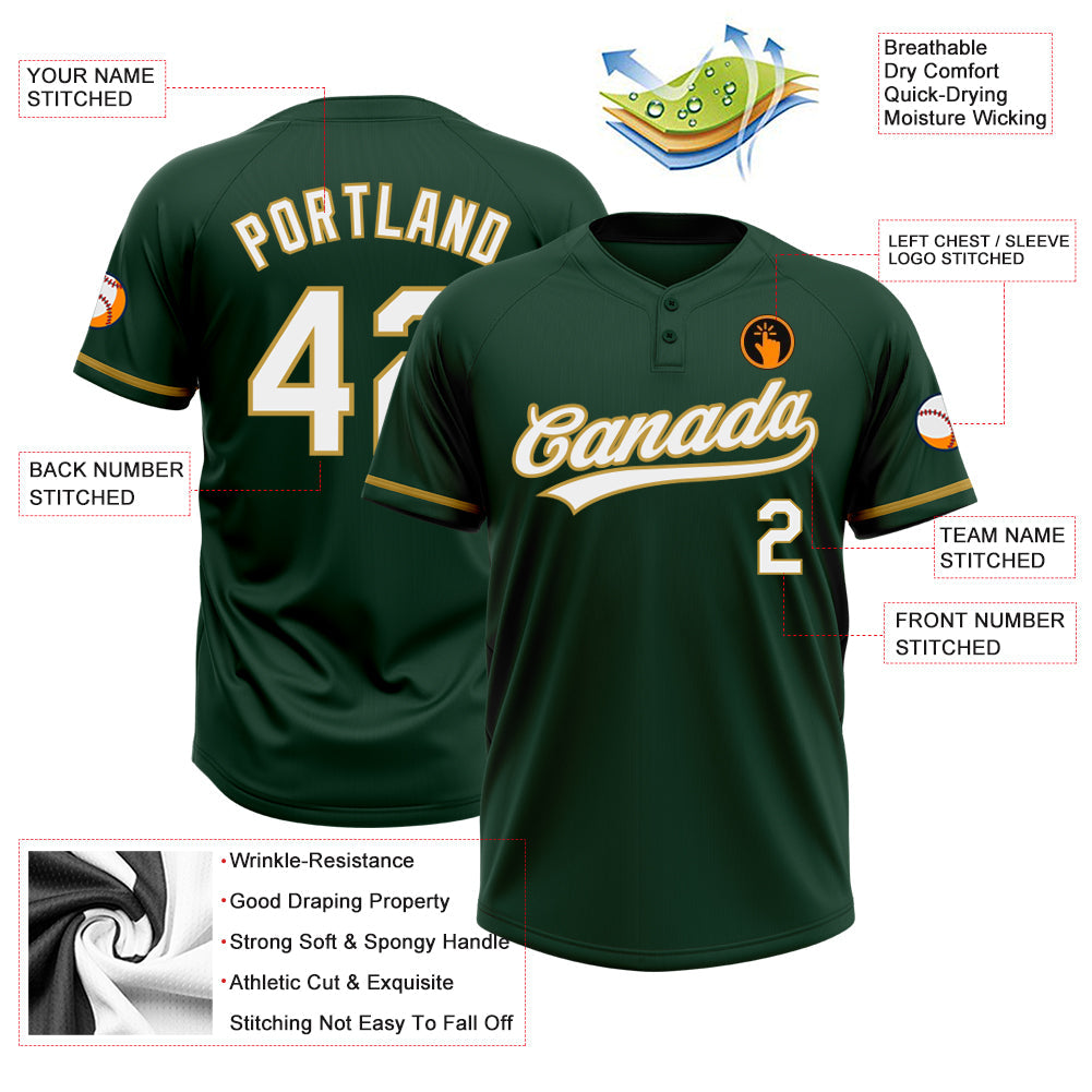Custom Green White-Old Gold Two-Button Unisex Softball Jersey view 3