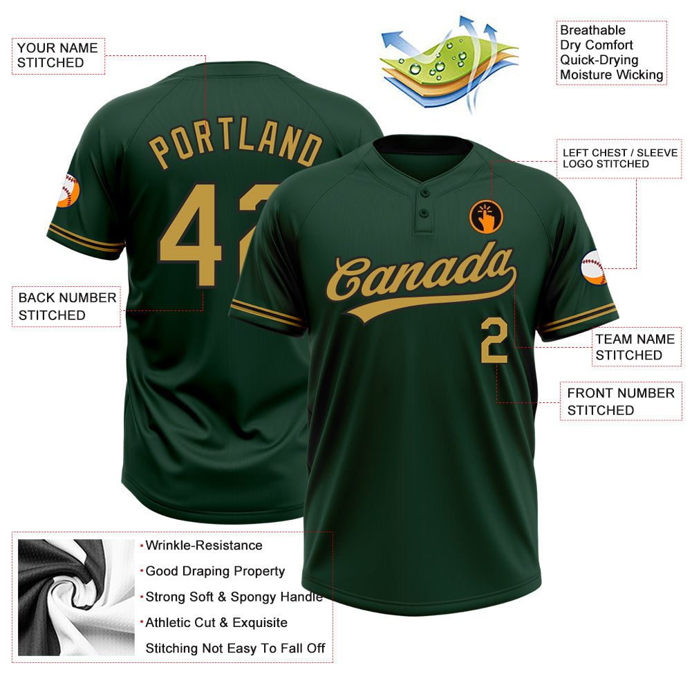 Custom Green Old Gold-Black Two-Button Unisex Softball Jersey view 3