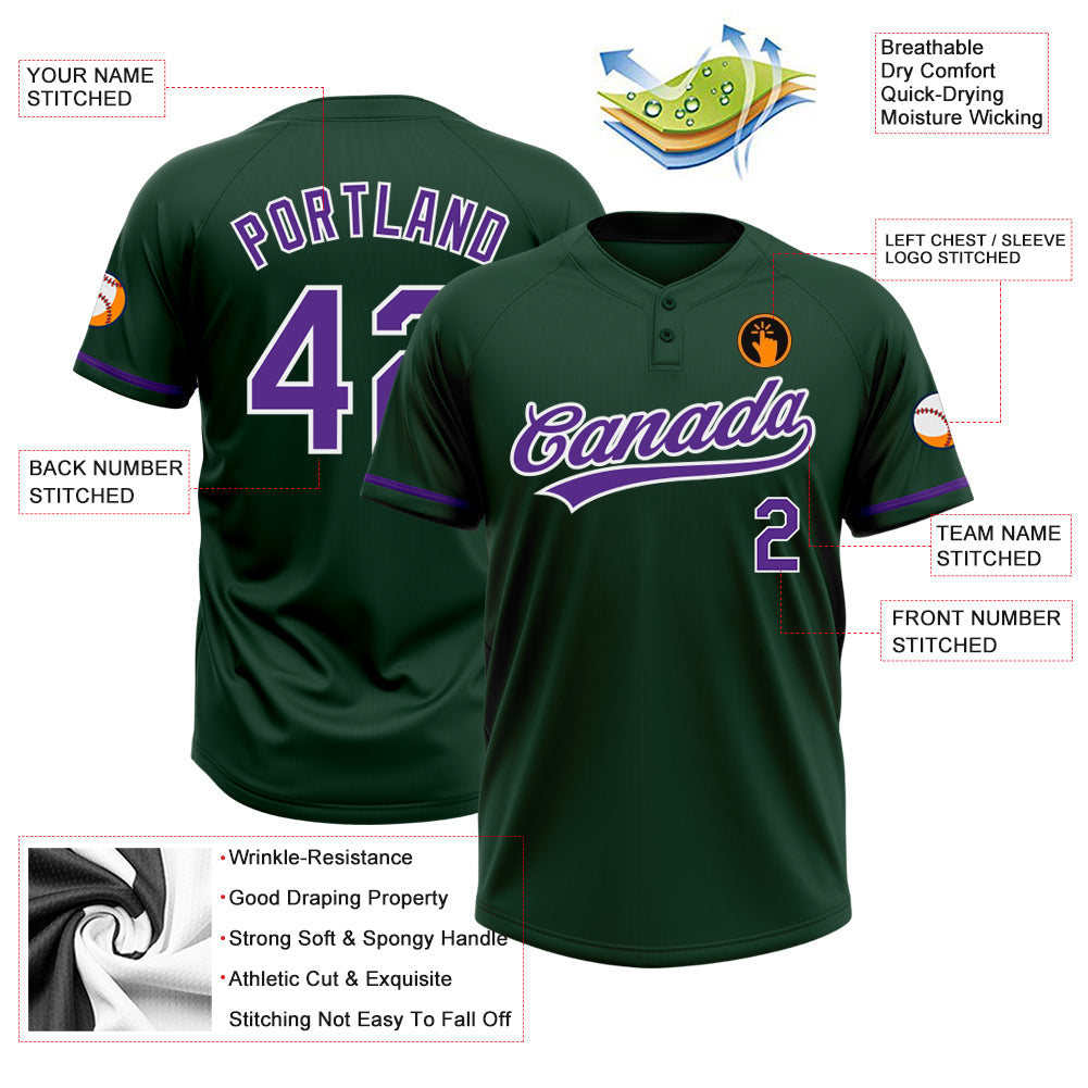Custom Green Purple-White Two-Button Unisex Softball Jersey view 3