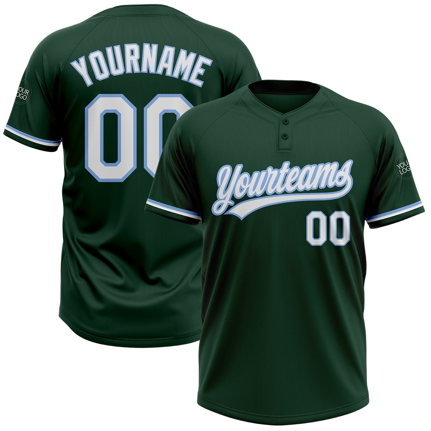 Custom Green White-Light Blue Two-Button Unisex Softball Jersey - Main View