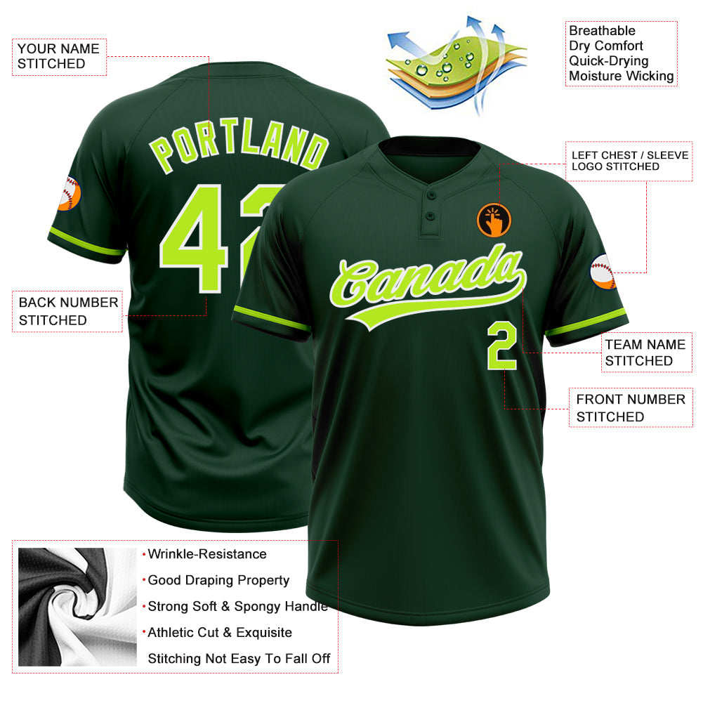 Custom Green Neon Green-White Two-Button Unisex Softball Jersey view 3