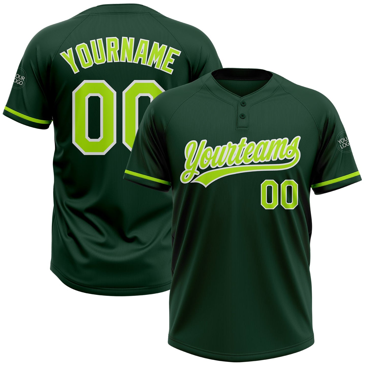 Custom Green Neon Green-White Two-Button Unisex Softball Jersey - Main View