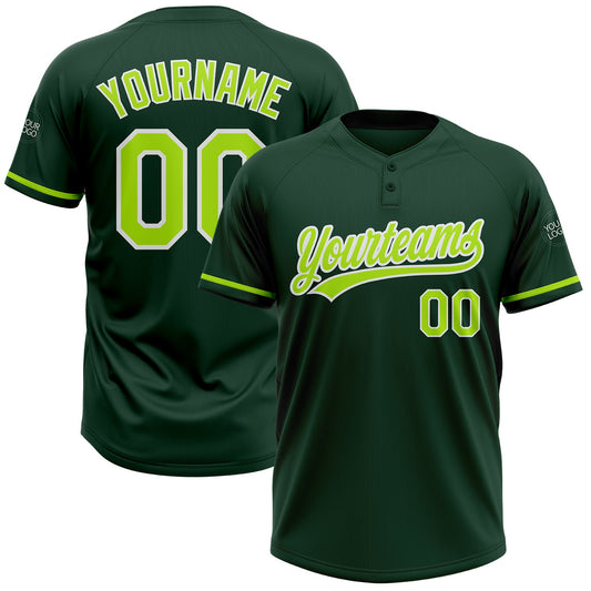 Custom Green Neon Green-White Two-Button Unisex Softball Jersey - Main View