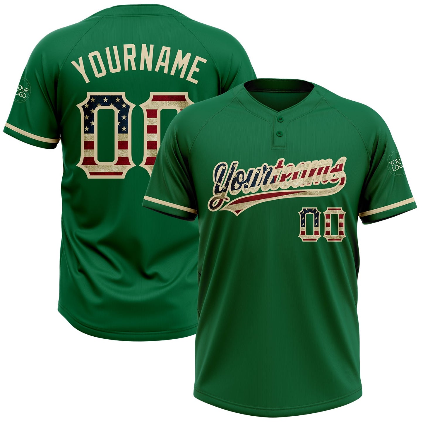 Custom Kelly Green Vintage USA Flag-City Cream Two-Button Unisex Softball Jersey - Main View