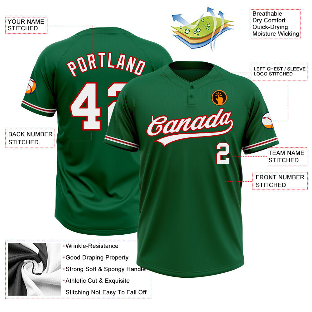 Custom Kelly Green White-Red Two-Button Unisex Softball Jersey view 3
