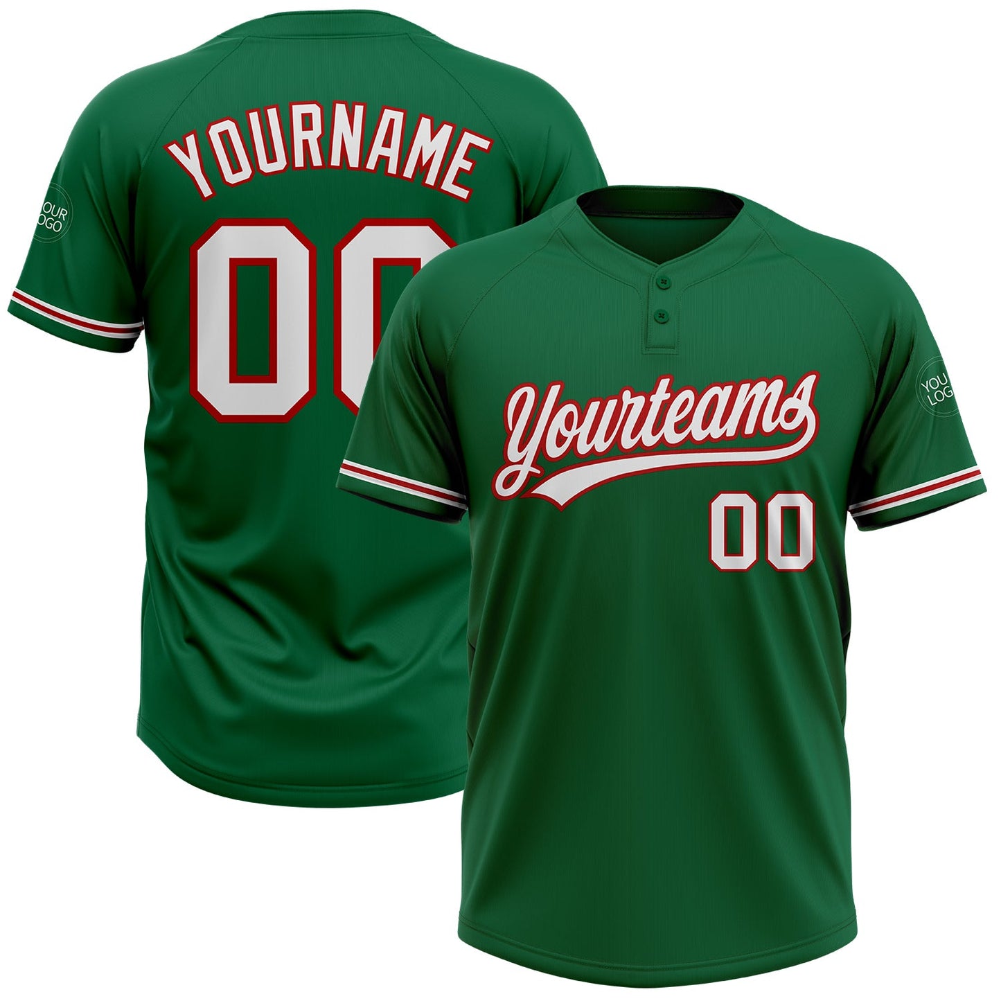 Custom Kelly Green White-Red Two-Button Unisex Softball Jersey - Main View