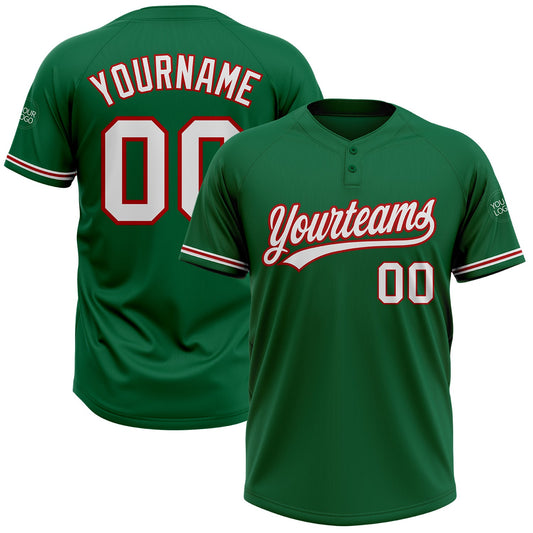 Custom Kelly Green White-Red Two-Button Unisex Softball Jersey - Main View
