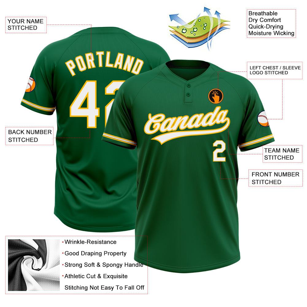 Custom Kelly Green White-Yellow Two-Button Unisex Softball Jersey view 3