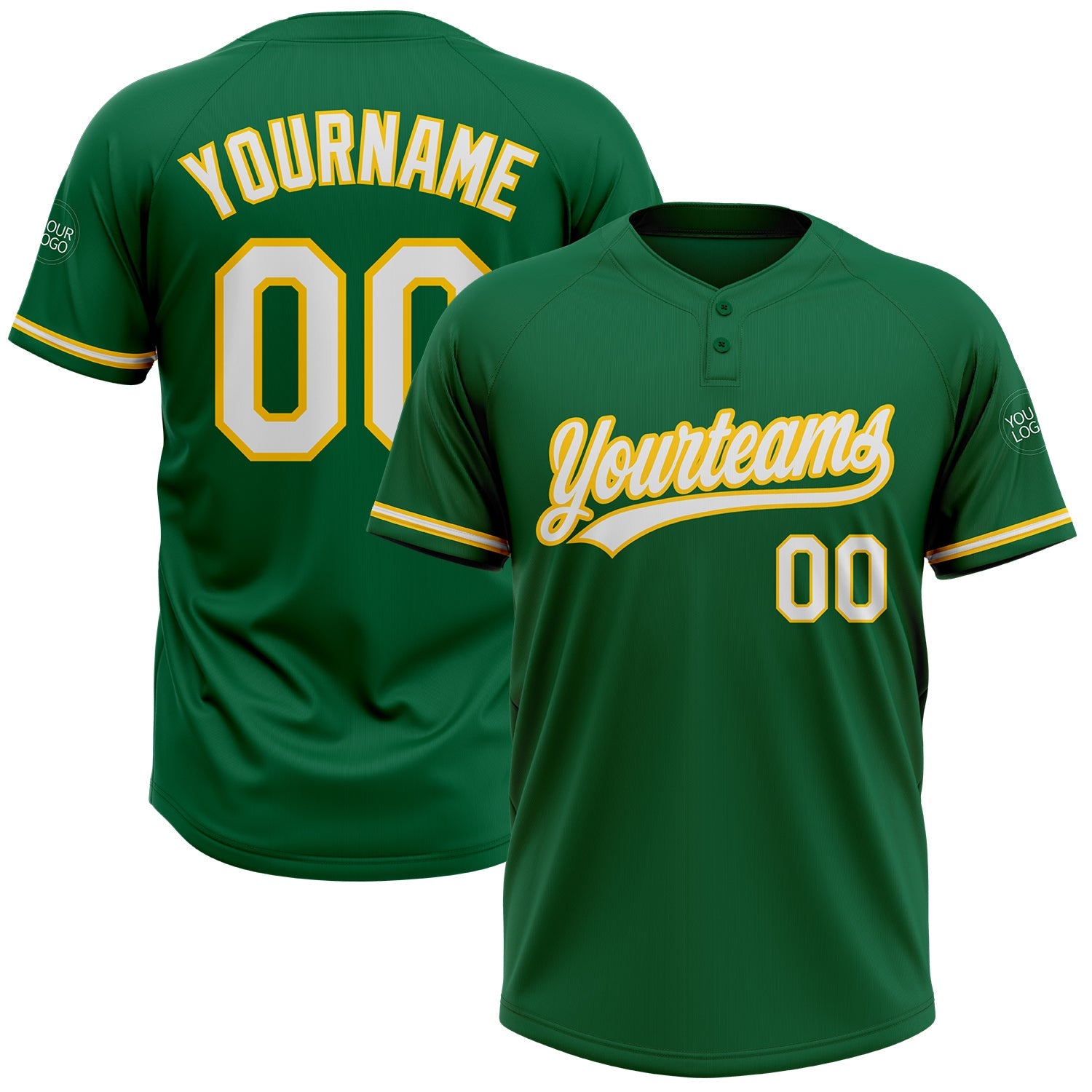 Custom Kelly Green White-Yellow Two-Button Unisex Softball Jersey - Main View