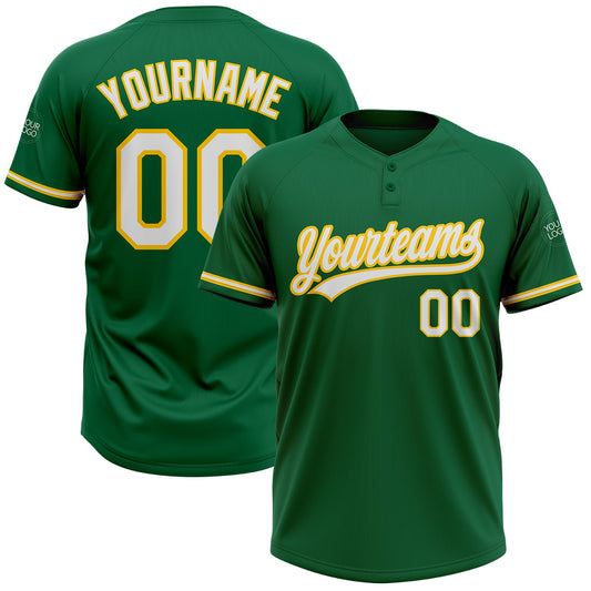 Custom Kelly Green White-Yellow Two-Button Unisex Softball Jersey - Main View