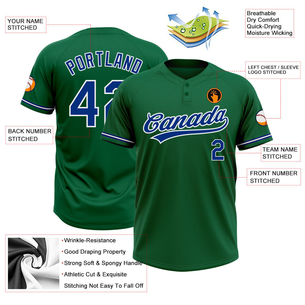 Custom Kelly Green Royal-White Two-Button Unisex Softball Jersey view 3