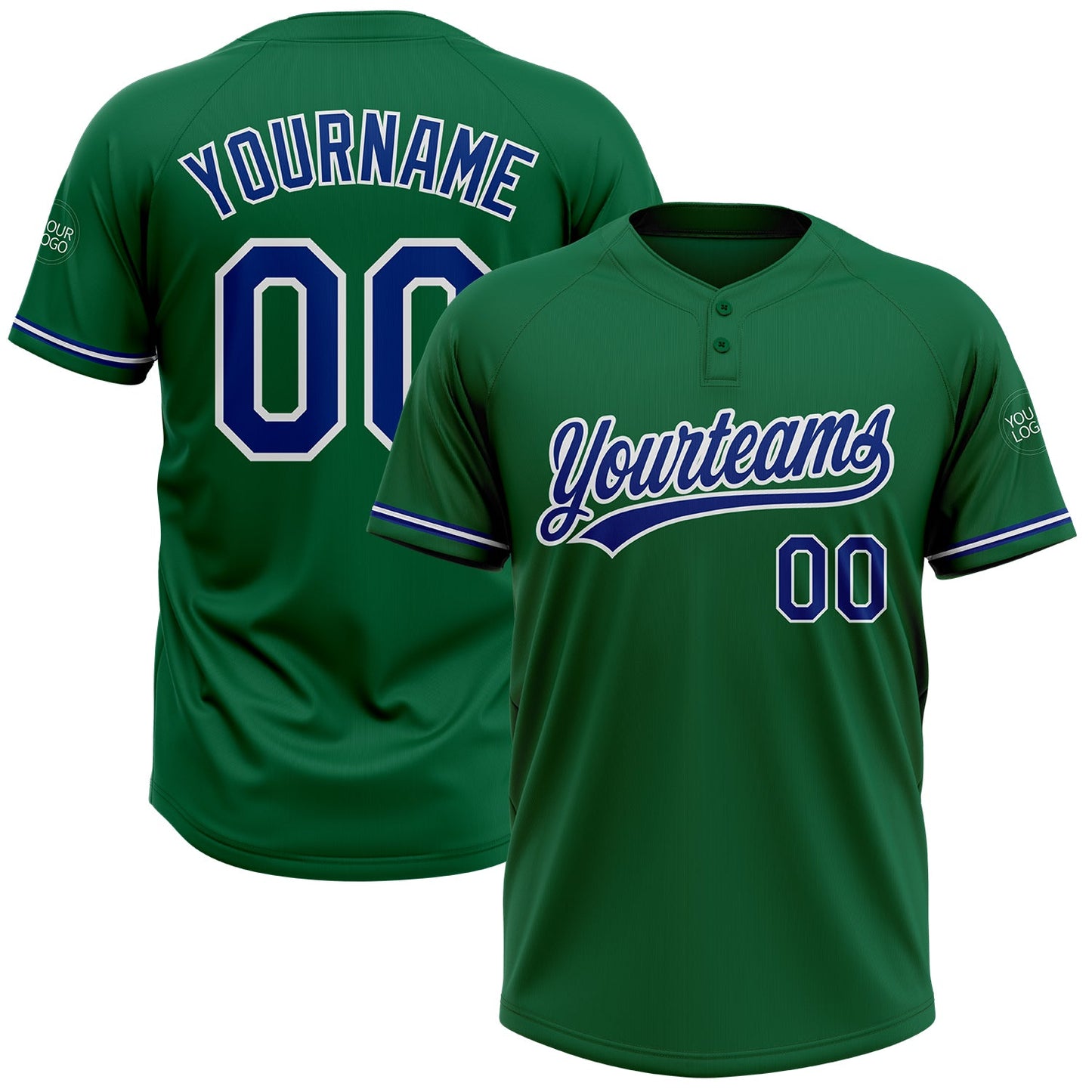 Custom Kelly Green Royal-White Two-Button Unisex Softball Jersey - Main View