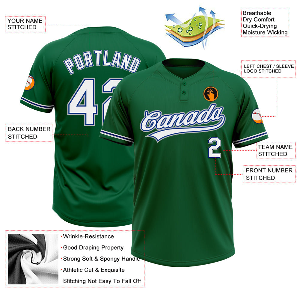 Custom Kelly Green White Royal-Gray Two-Button Unisex Softball Jersey view 3