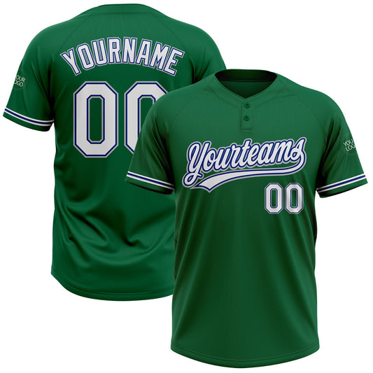 Custom Kelly Green White Royal-Gray Two-Button Unisex Softball Jersey - Main View