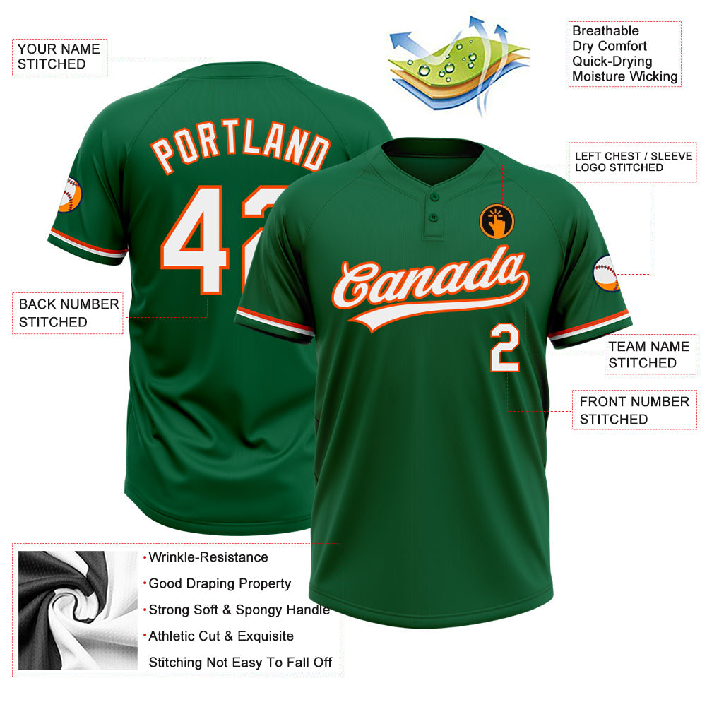 Custom Kelly Green White-Orange Two-Button Unisex Softball Jersey view 3