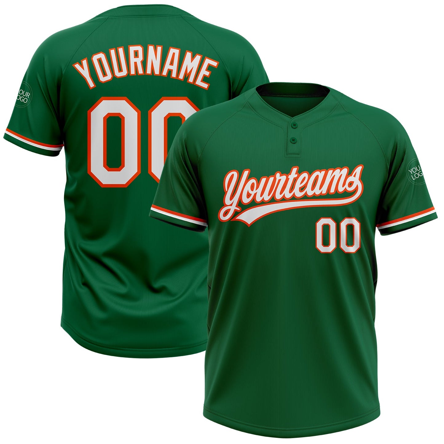 Custom Kelly Green White-Orange Two-Button Unisex Softball Jersey - Main View