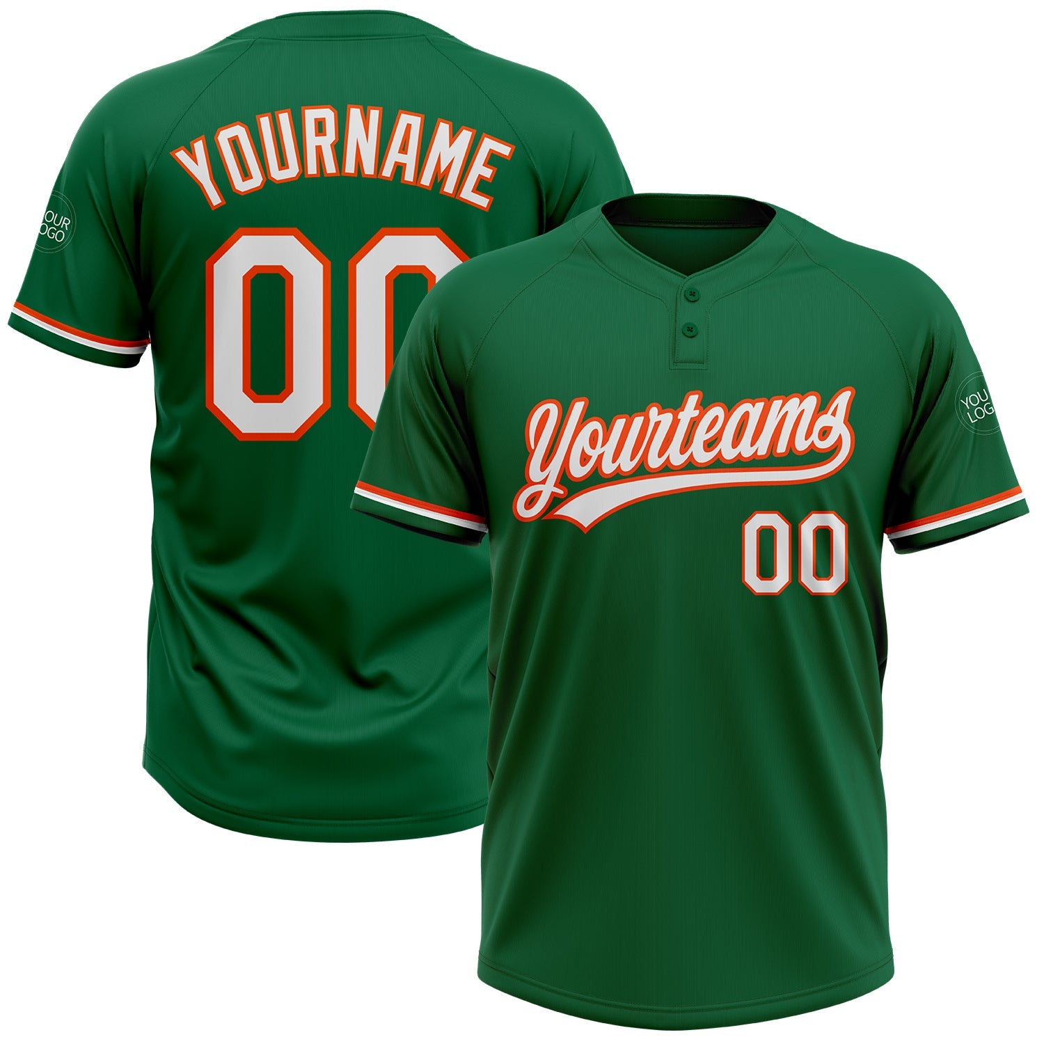 Custom Kelly Green White-Orange Two-Button Unisex Softball Jersey - Main View
