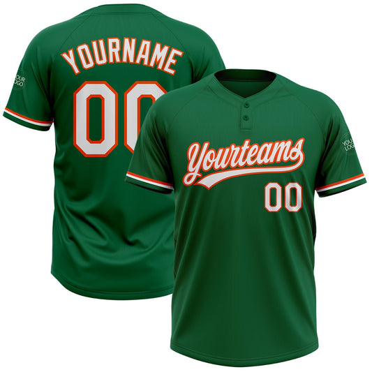 Custom Kelly Green White-Orange Two-Button Unisex Softball Jersey - Main View