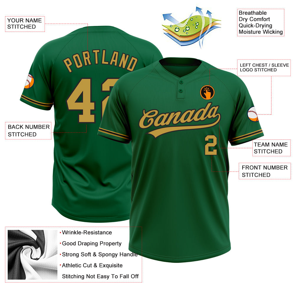 Custom Kelly Green Old Gold-Black Two-Button Unisex Softball Jersey view 3