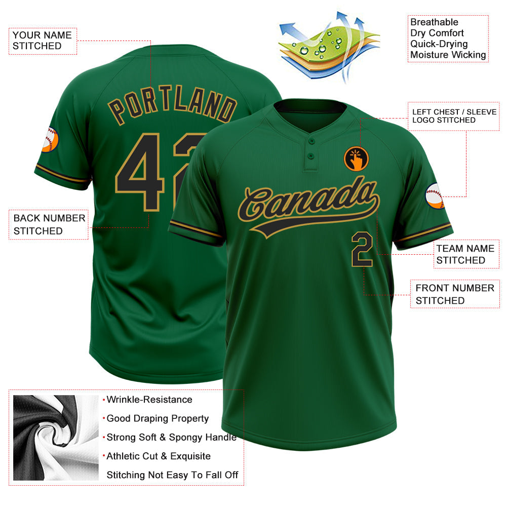 Custom Kelly Green Black-Old Gold Two-Button Unisex Softball Jersey view 3