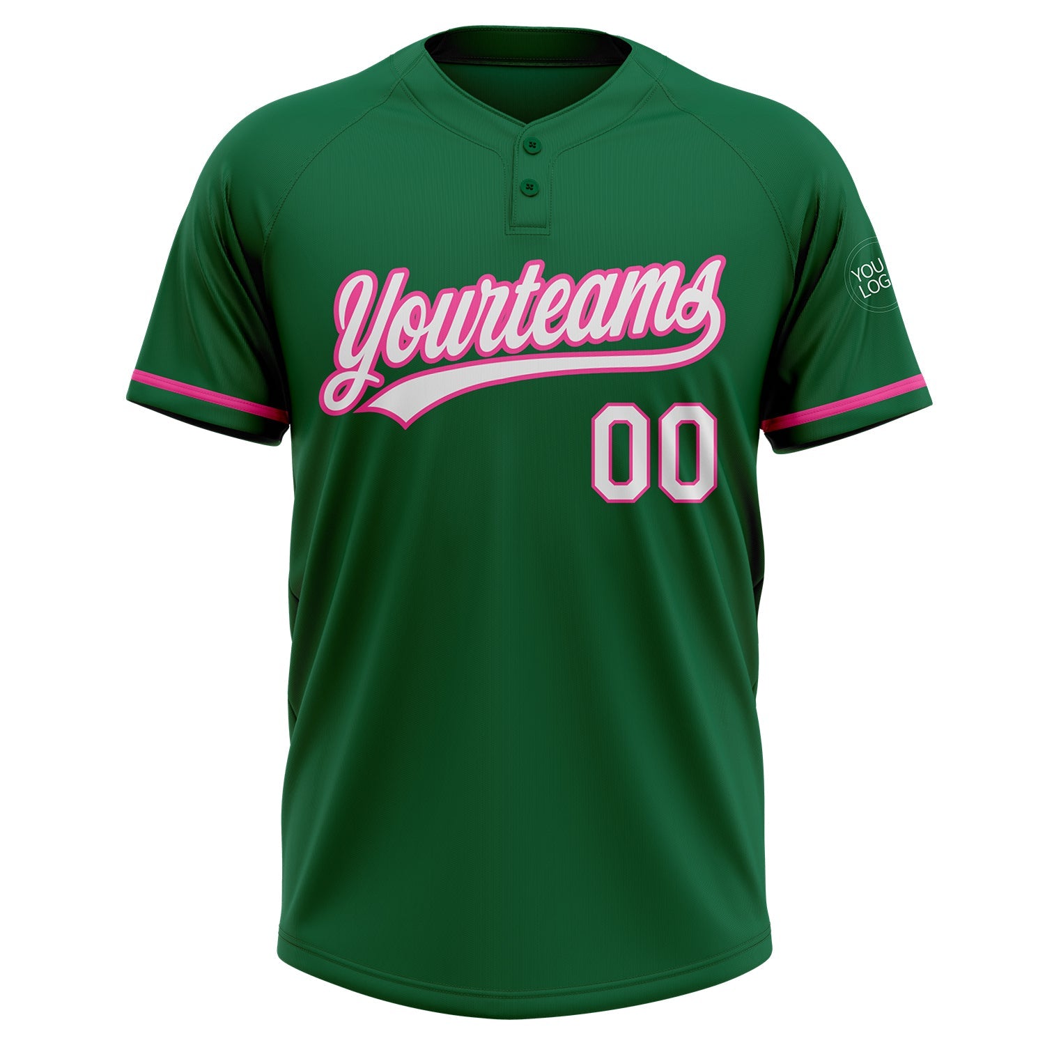 Custom Kelly Green White-Pink Two-Button Unisex Softball Jersey view 2