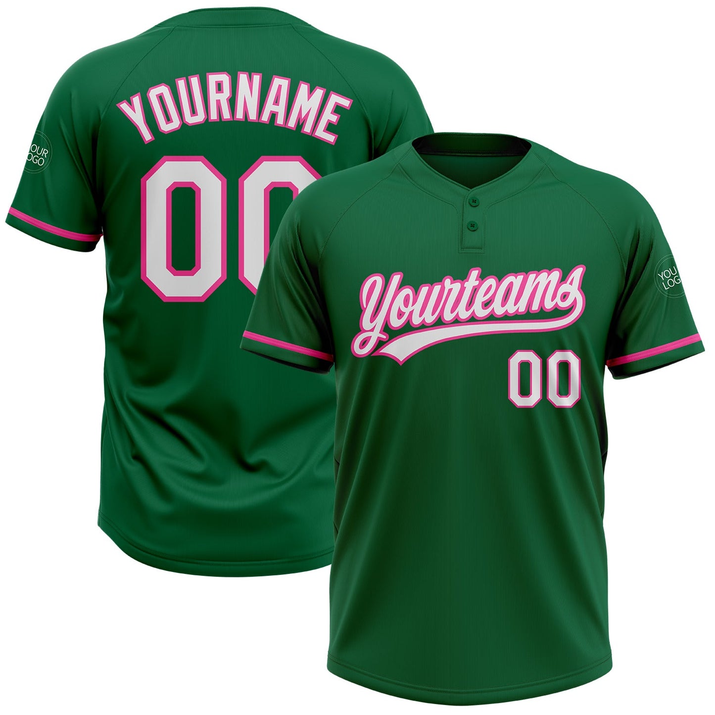 Custom Kelly Green White-Pink Two-Button Unisex Softball Jersey - Main View