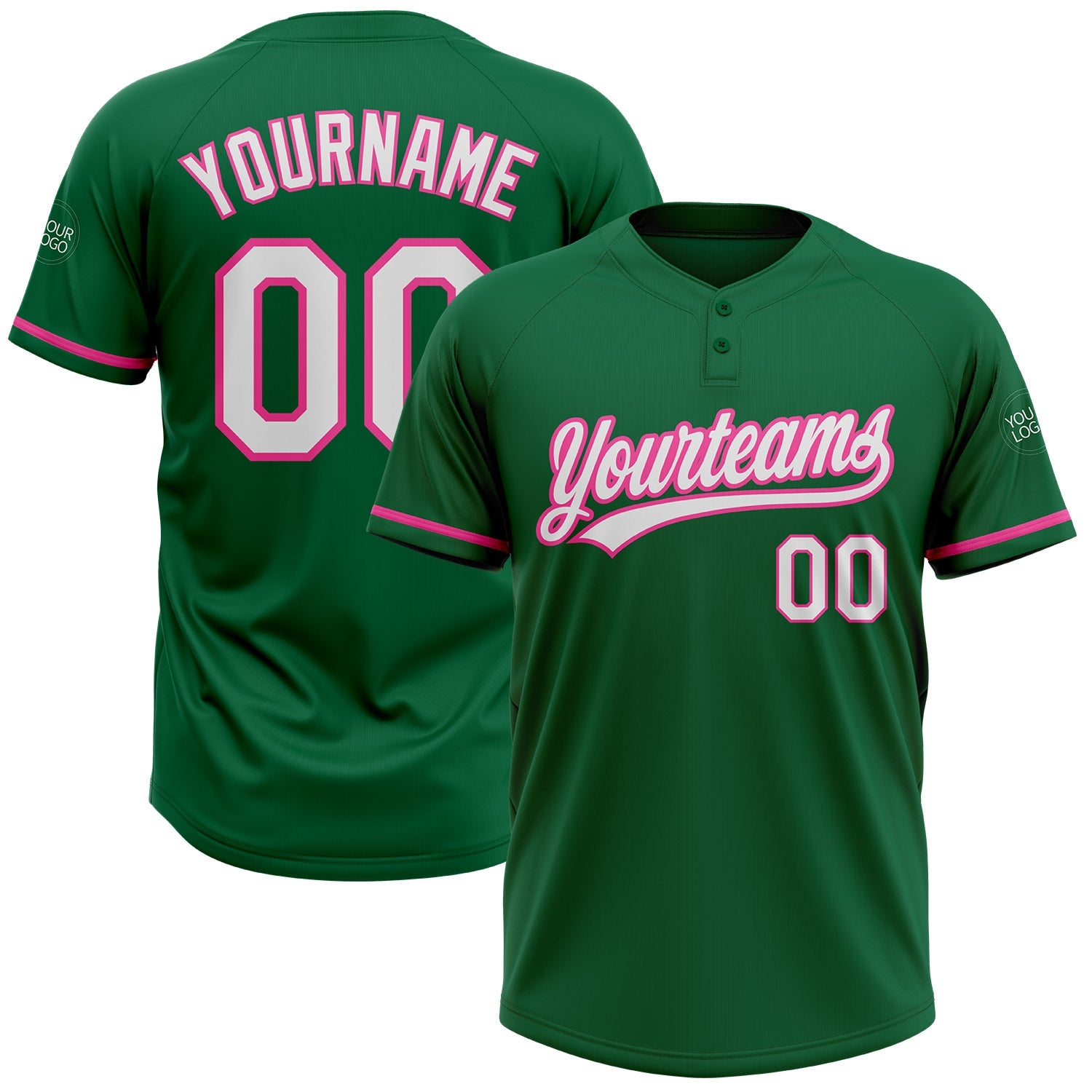 Custom Kelly Green White-Pink Two-Button Unisex Softball Jersey - Main View