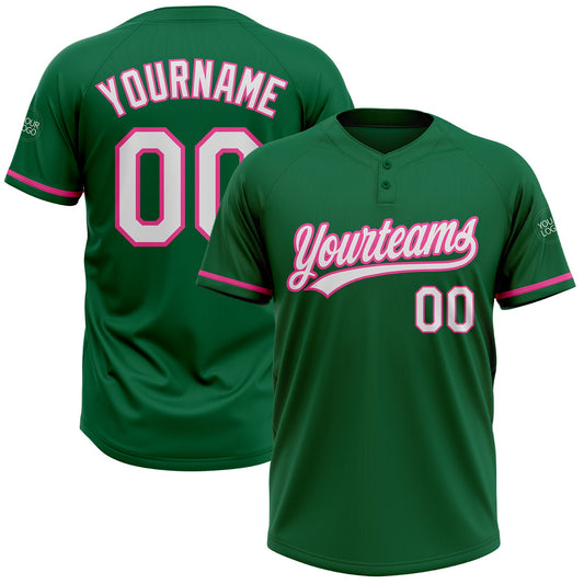 Custom Kelly Green White-Pink Two-Button Unisex Softball Jersey - Main View