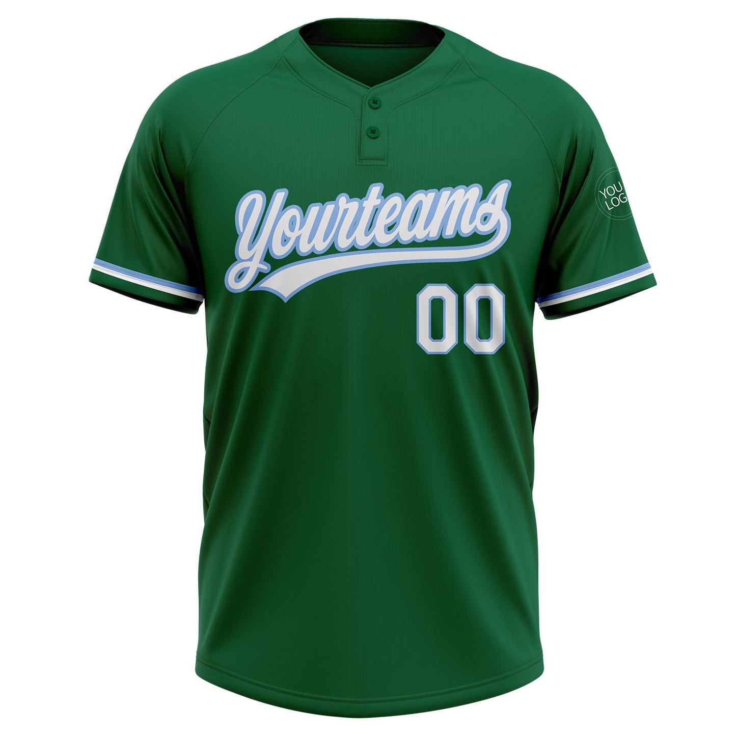 Custom Kelly Green White-Light Blue Two-Button Unisex Softball Jersey view 2