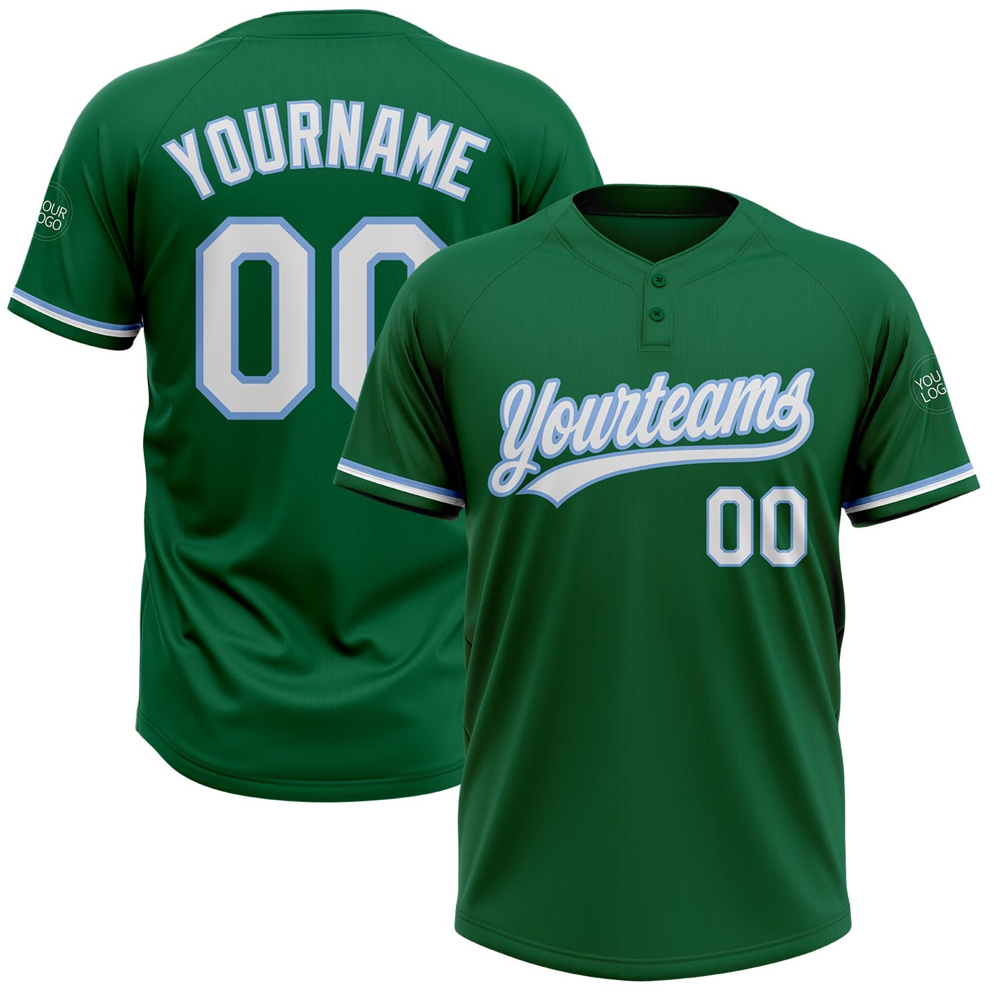 Custom Kelly Green White-Light Blue Two-Button Unisex Softball Jersey - Main View
