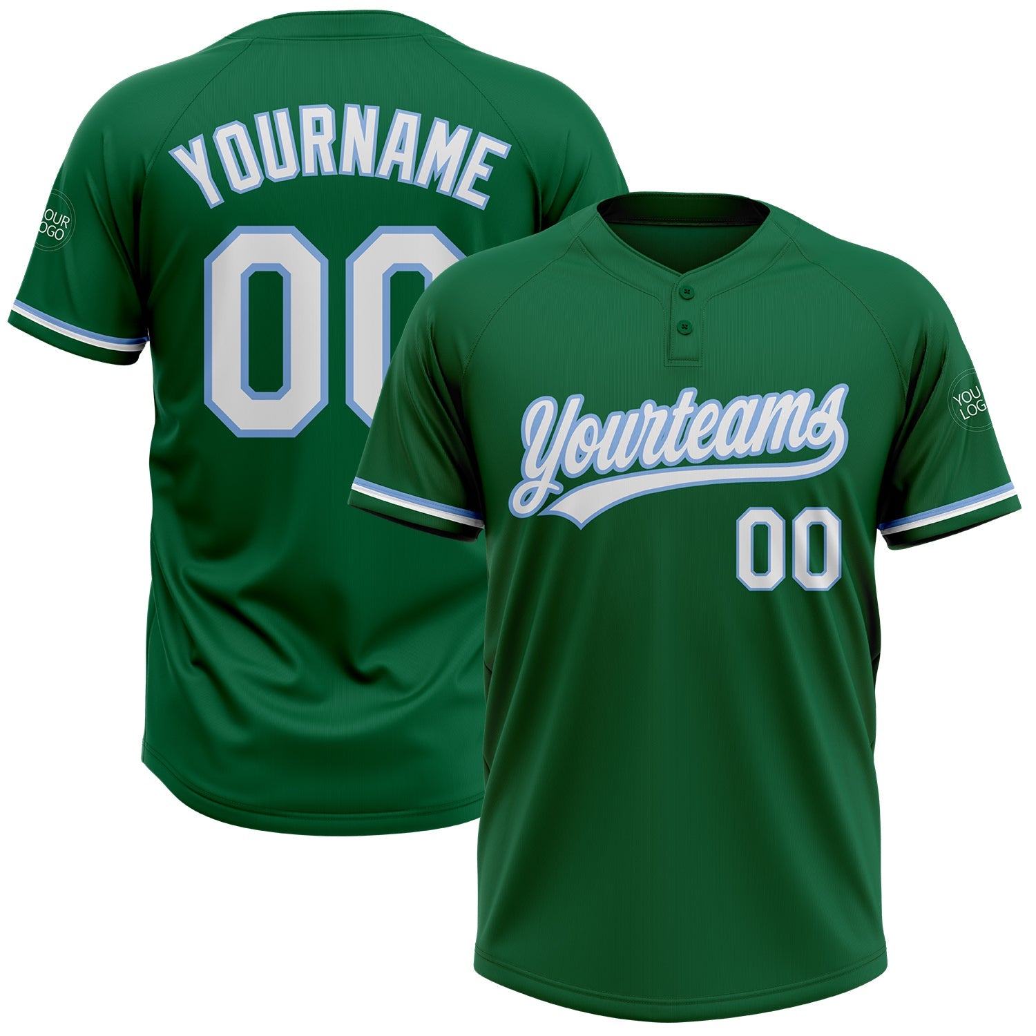 Custom Kelly Green White-Light Blue Two-Button Unisex Softball Jersey - Main View