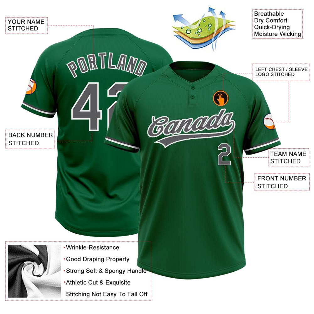 Custom Kelly Green Steel Gray-White Two-Button Unisex Softball Jersey view 3