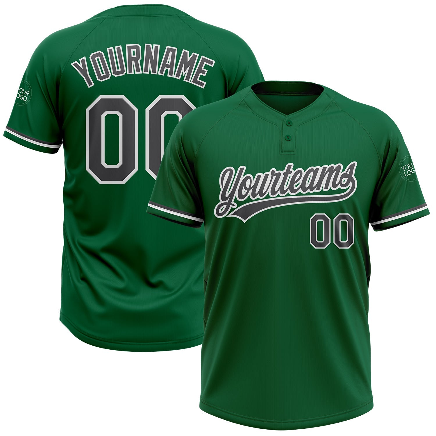 Custom Kelly Green Steel Gray-White Two-Button Unisex Softball Jersey - Main View