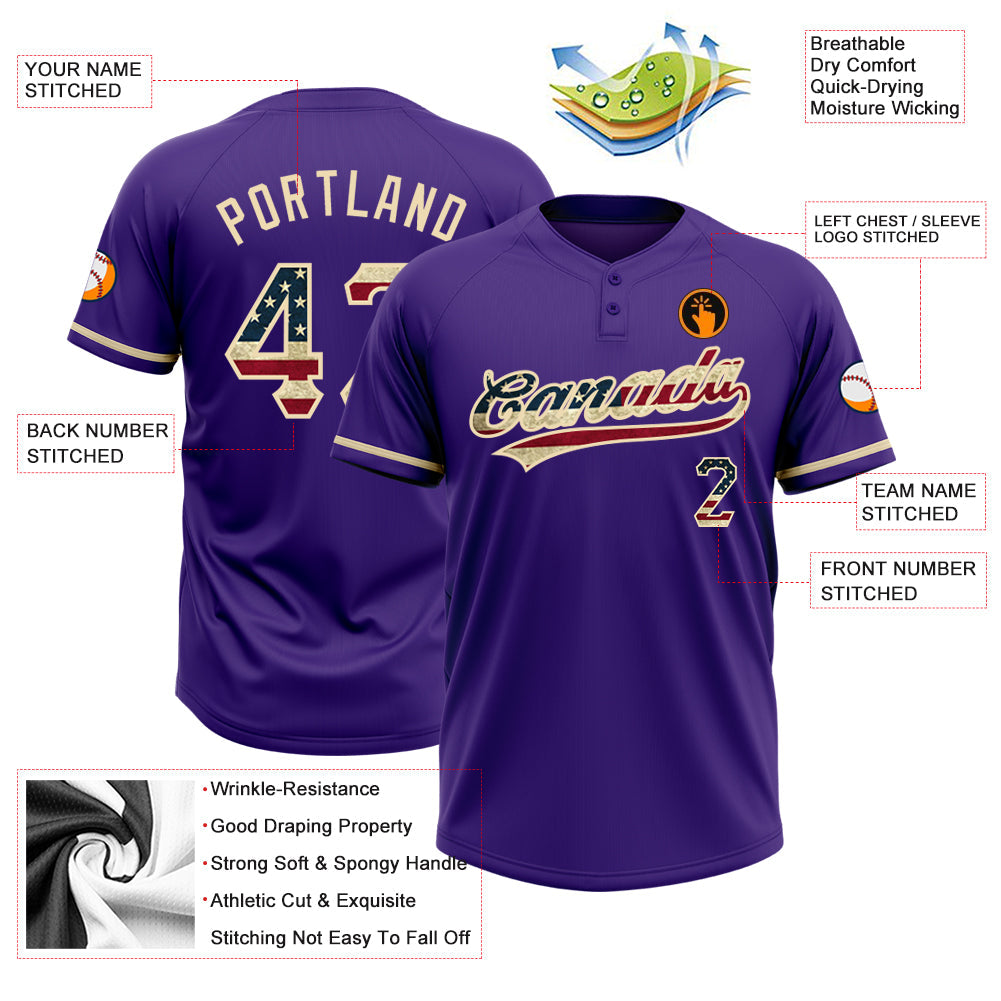 Custom Purple Vintage USA Flag-City Cream Two-Button Unisex Softball Jersey view 3
