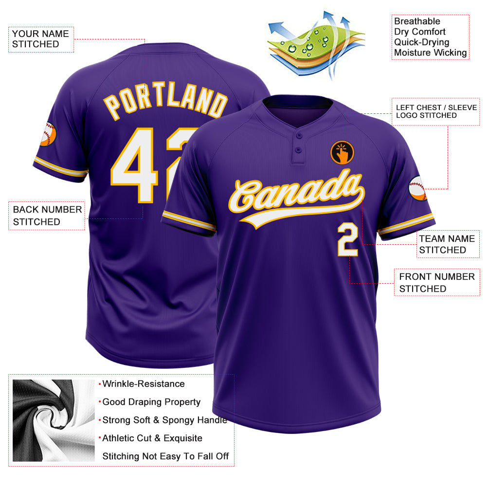 Custom Purple White-Gold Two-Button Unisex Softball Jersey view 3