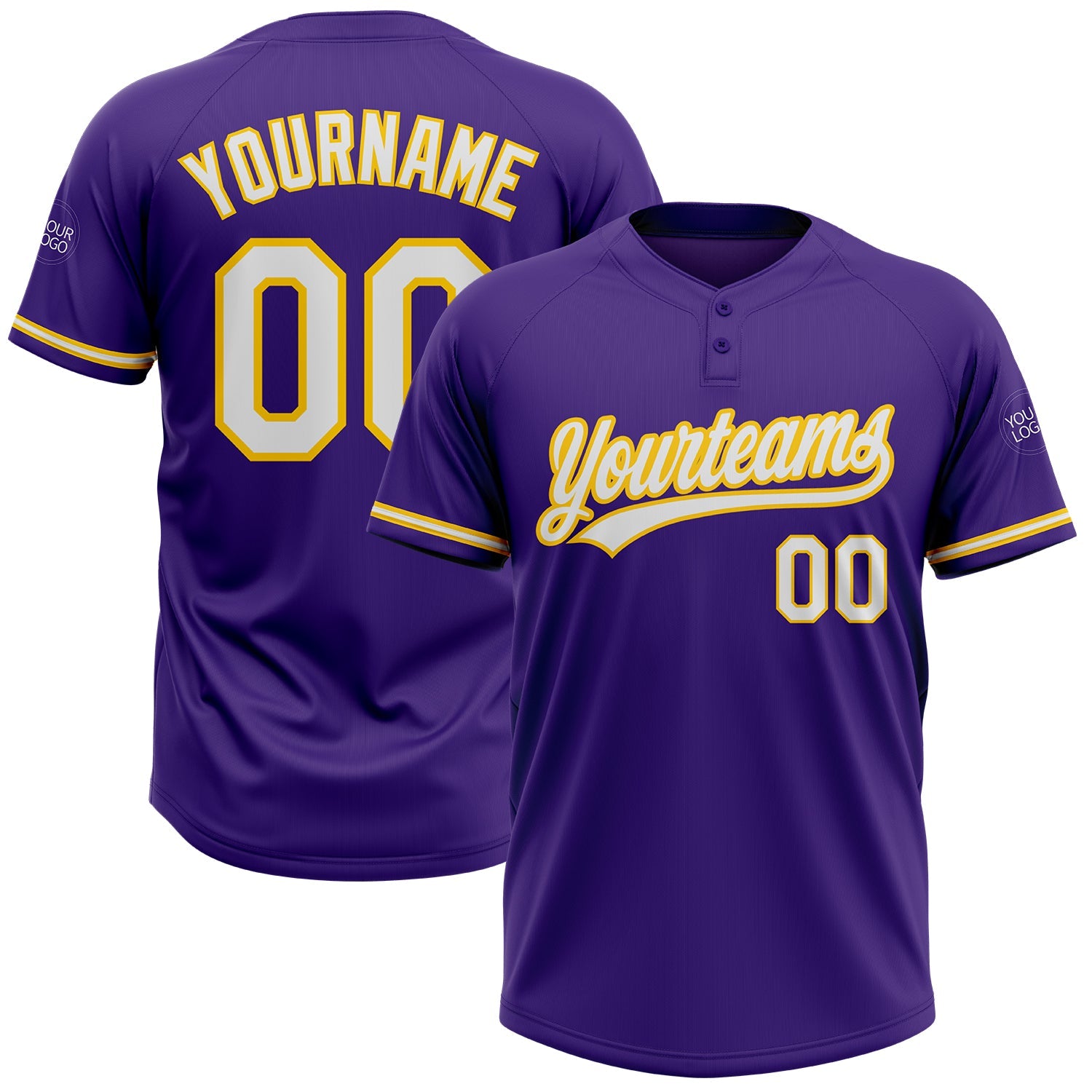 Custom Purple White-Gold Two-Button Unisex Softball Jersey - Main View