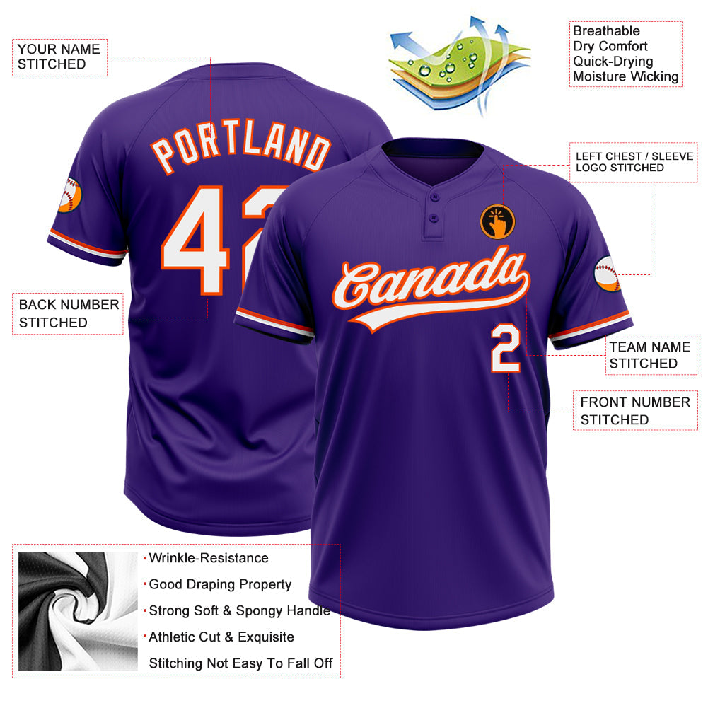 Custom Purple White-Orange Two-Button Unisex Softball Jersey view 3