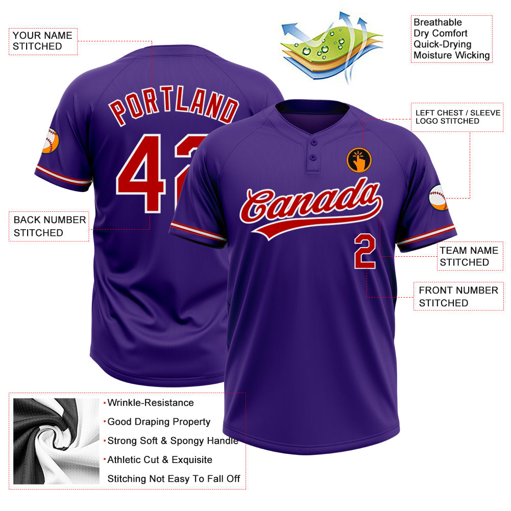 Custom Purple Red-White Two-Button Unisex Softball Jersey view 3