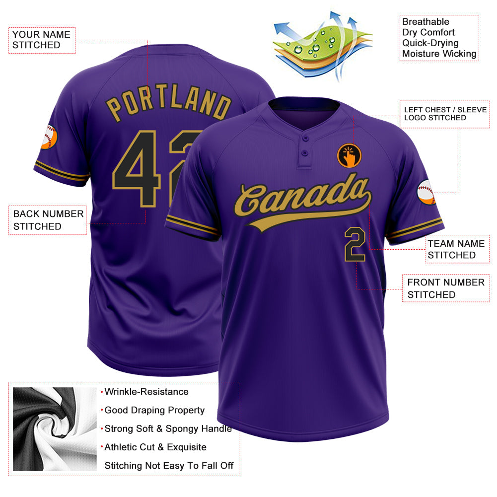 Custom Purple Black-Old Gold Two-Button Unisex Softball Jersey view 3