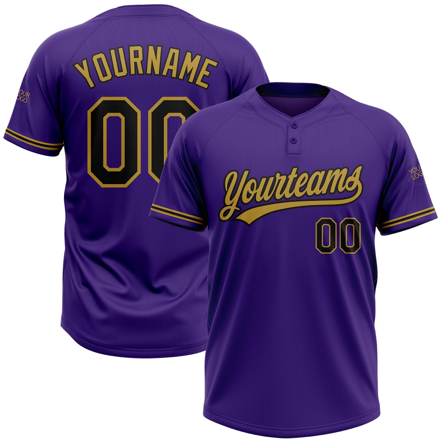 Custom Purple Black-Old Gold Two-Button Unisex Softball Jersey - Main View