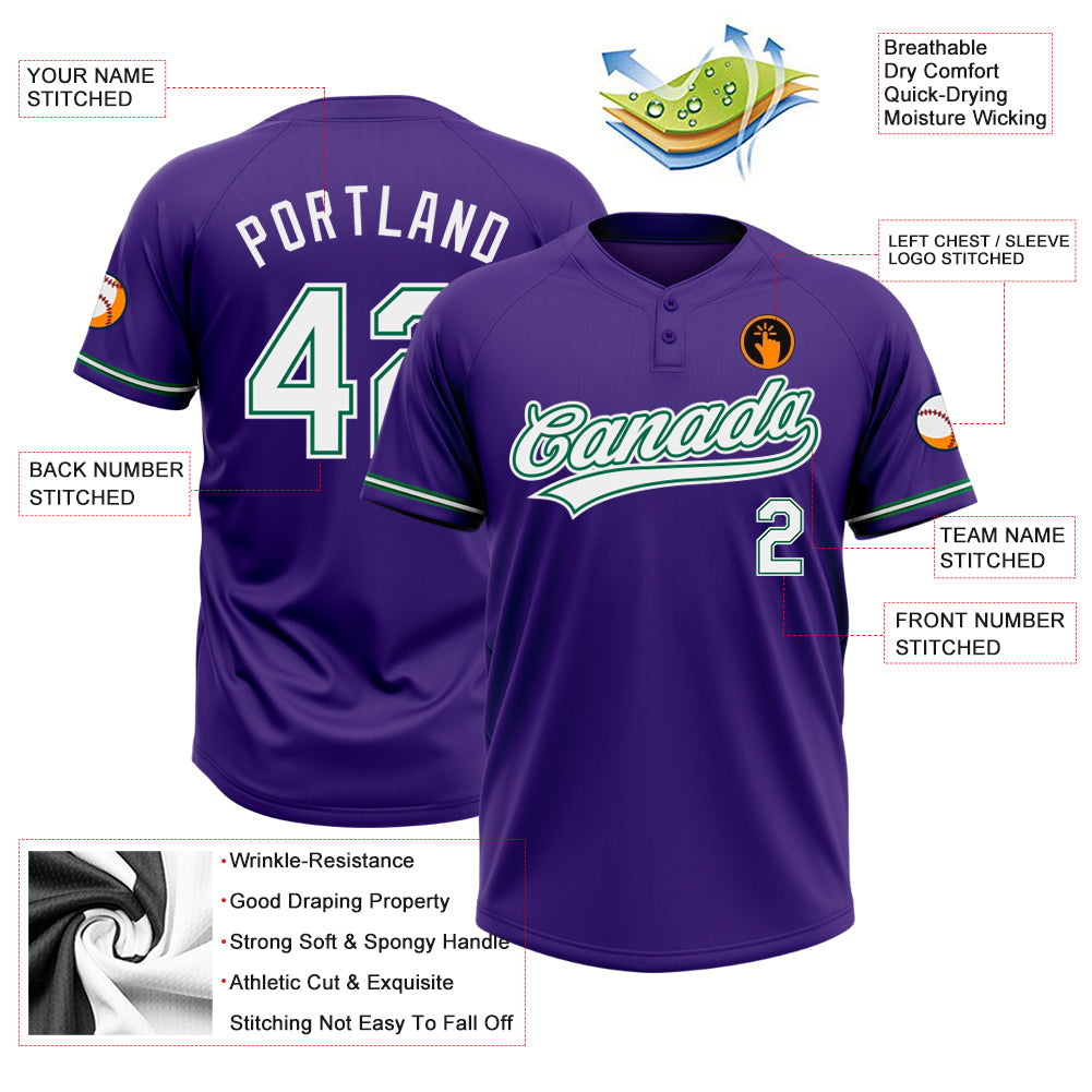 Custom Purple White-Kelly Green Two-Button Unisex Softball Jersey view 3