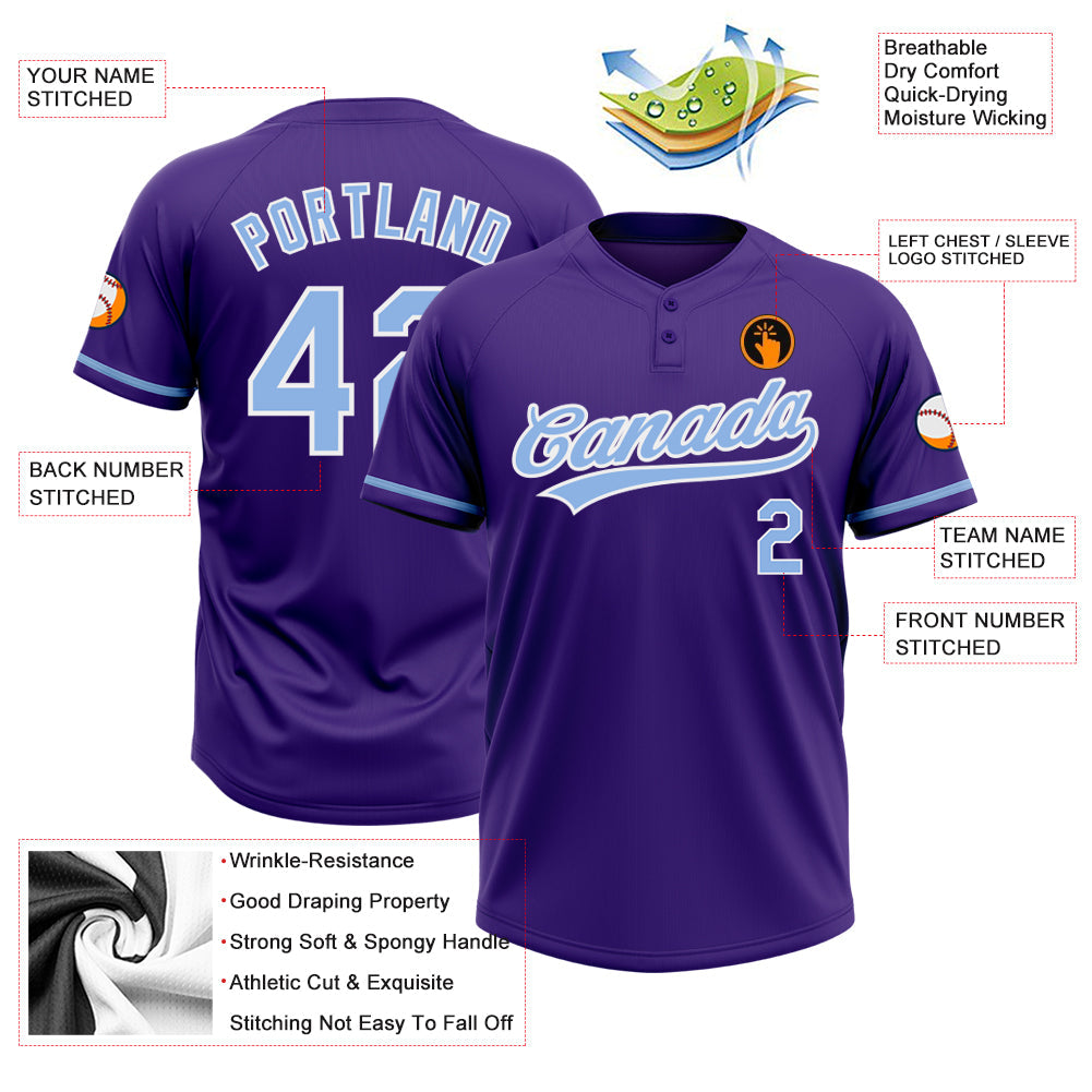 Custom Purple Light Blue-White Two-Button Unisex Softball Jersey view 3